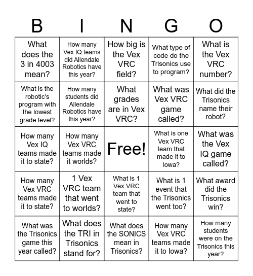 Allendale Robotics 2026 Bingo Card