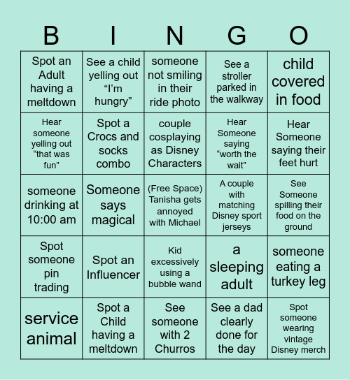 Disneyland Bingo Card