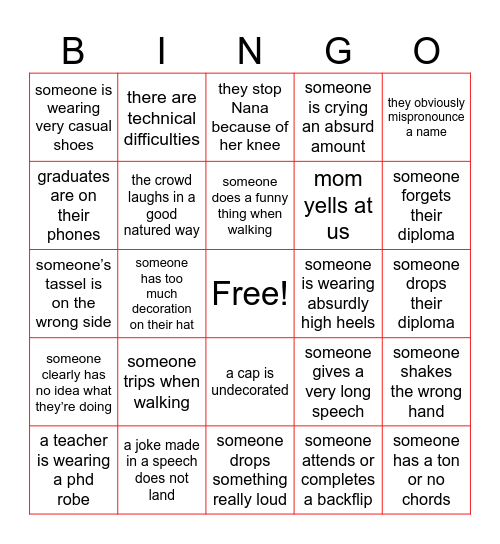 Graduation Bingo Card