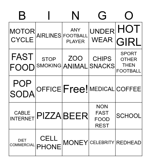 SUPERBOWL COMMERCIAL BINGO Card