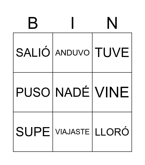 PRETÉRITO INDEFINIDO Bingo Card