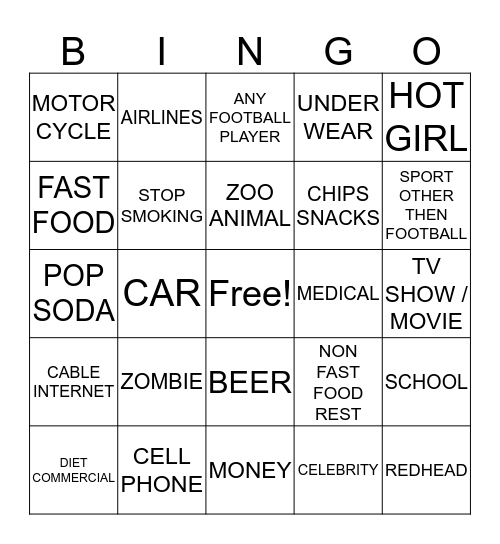 SUPERBOWL COMMERCIAL BINGO Card