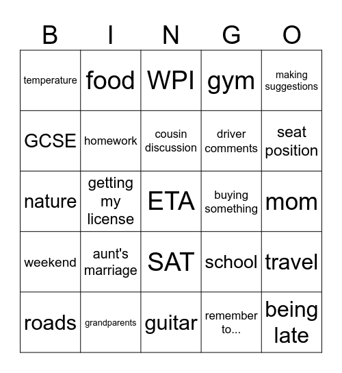 car topics Bingo Card