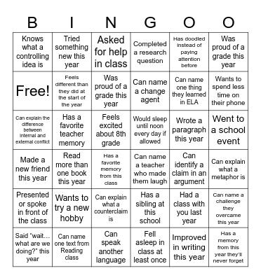 Mx. B's 7th Grade Bingo Card