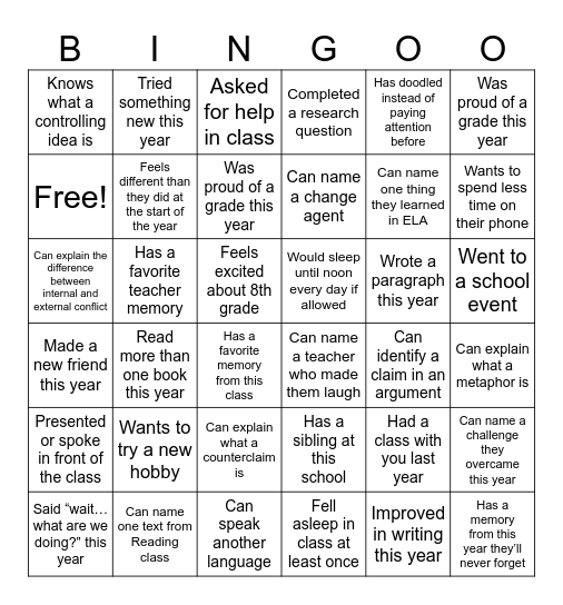 Mx. B's 7th Grade Bingo Card