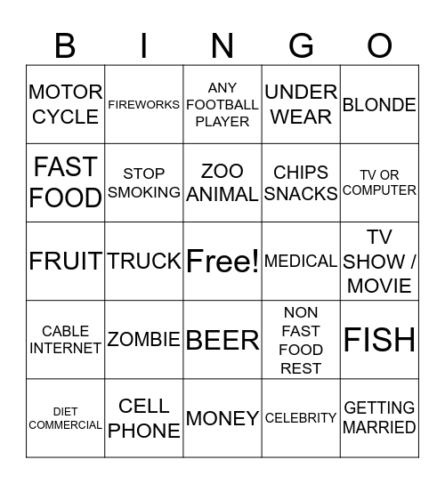 SUPERBOWL COMMERCIAL BINGO Card