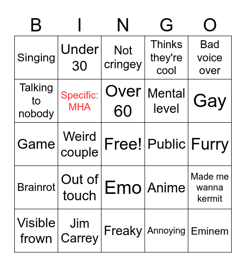 Cringe Bingo Card