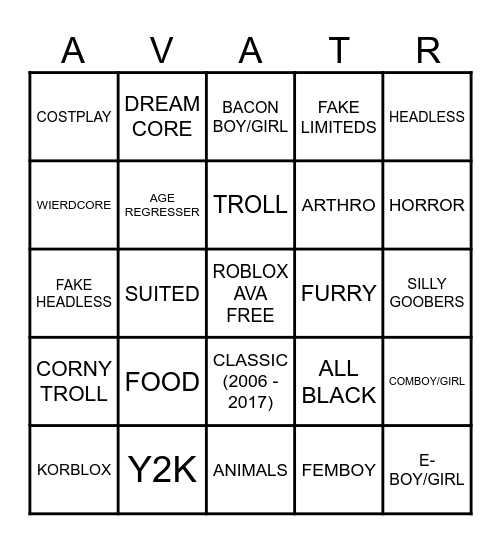 roblox avatars Bingo Card