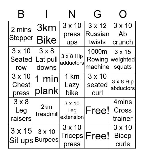 Fitness Bingo Card