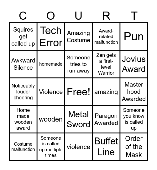 Amtgard Court/Knighting Bingo Card