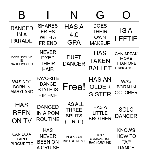 DANCE TEAM BINGO! Bingo Card