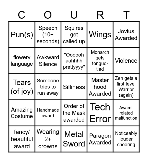 Amtgard Court/Knighting Bingo Card