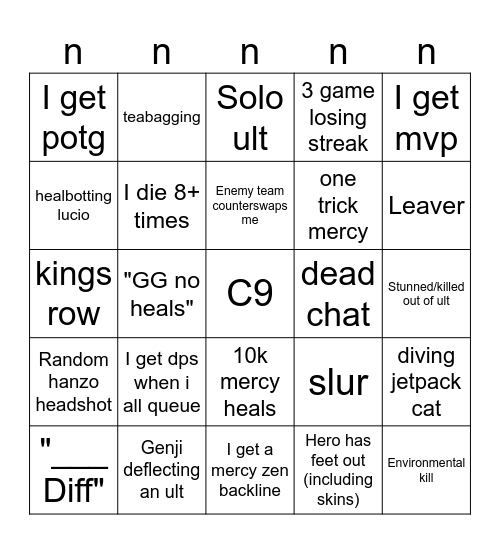 Overwatch drinking bingo Card