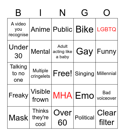 Cringe Bingo Card