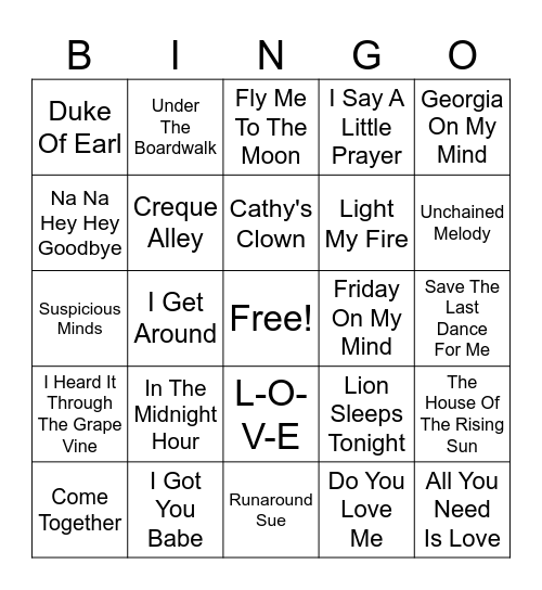 60's Hits! Bingo Card