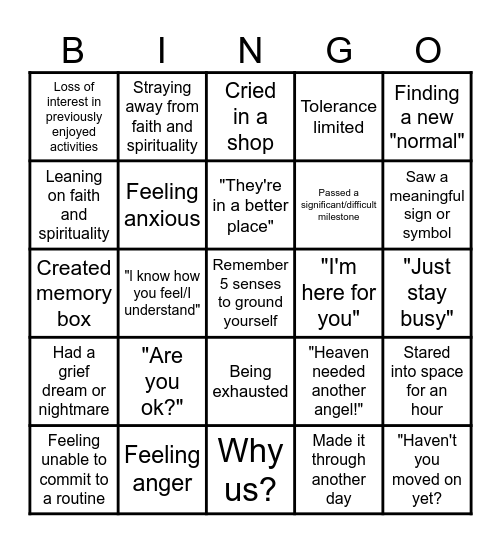 BEREAVEMENT Bingo Card