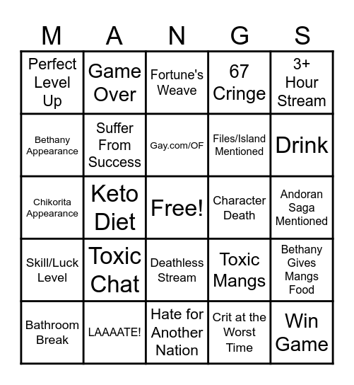 Mangs FE Stream Bingo Card