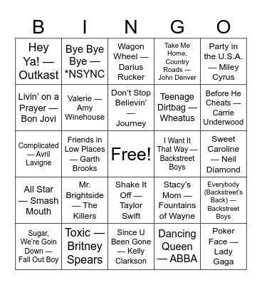 Ultimate Car Sing-Along Anthems Bingo Card