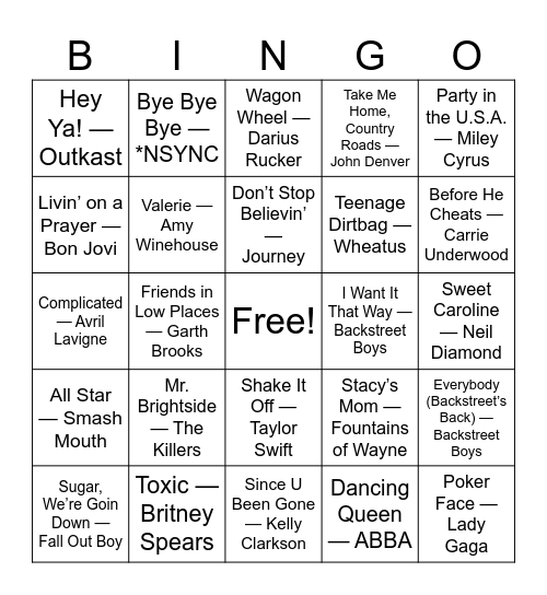 Ultimate Car Sing-Along Anthems Bingo Card
