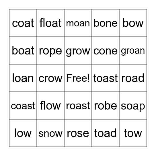 Long O Bingo Card