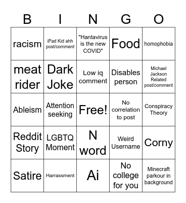 Social Media post Bingo Card