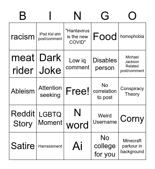 Social Media post Bingo Card