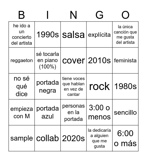 Mi playlist bingo Card