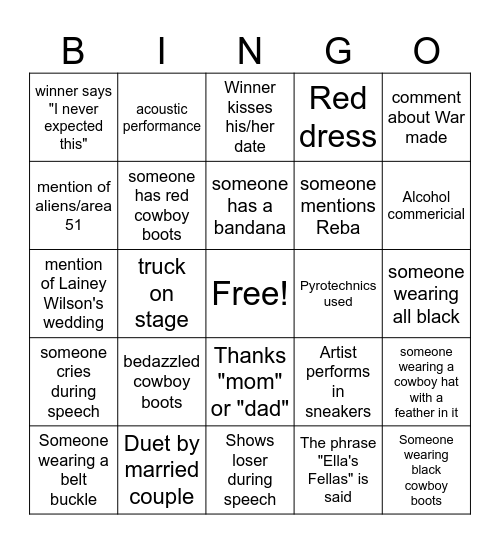 ACM AWARDS 2026 Bingo Card