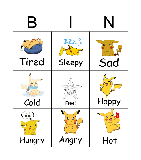 Pikachu Emotions Bingo Card