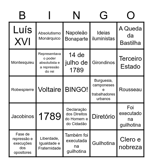 Revolução Francesa Bingo Card