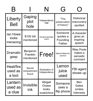 National Treasure Bingo Card