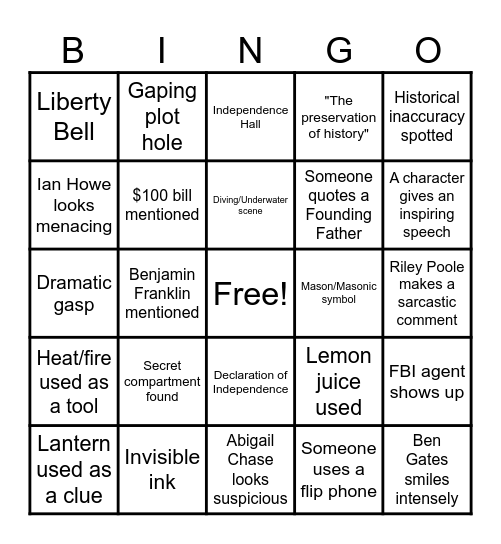 National Treasure Bingo Card