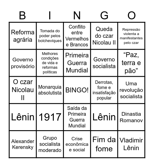 Revolução Russa 9º ano Bingo Card