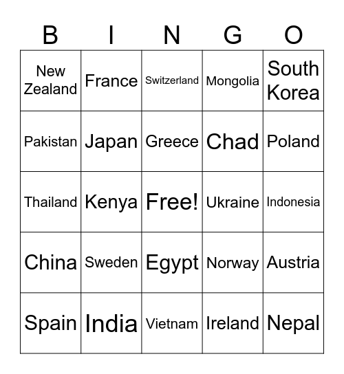 GEOGRAPHY BINGO Card