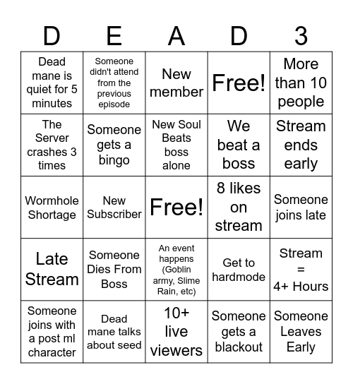 Deadmane Multiplayer Night Bingo Episode 3 Bingo Card