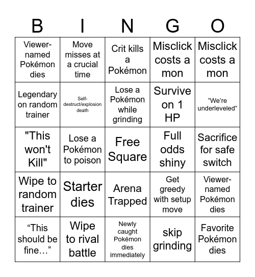 Nuzlocke BINGO Card