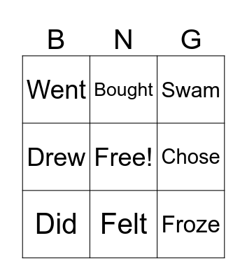 Irregular Verbs Bingo Card