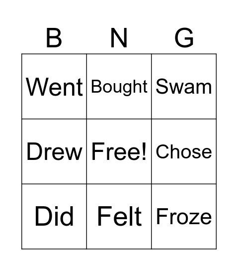 Irregular Verbs Bingo Card