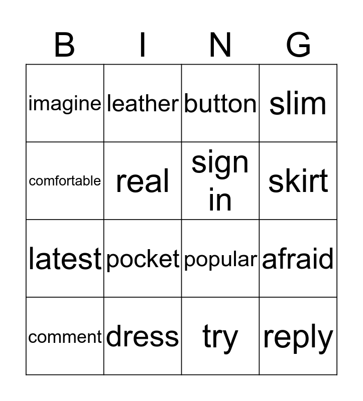 Unit 3 lesson 2 Bingo Card