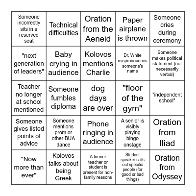 BUA Commencement Bingo Card
