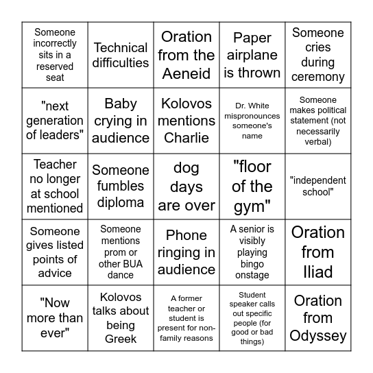 BUA Commencement Bingo Card