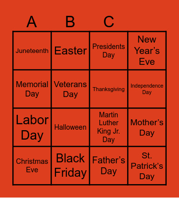 HOLIDAYS IN THE US Bingo Card