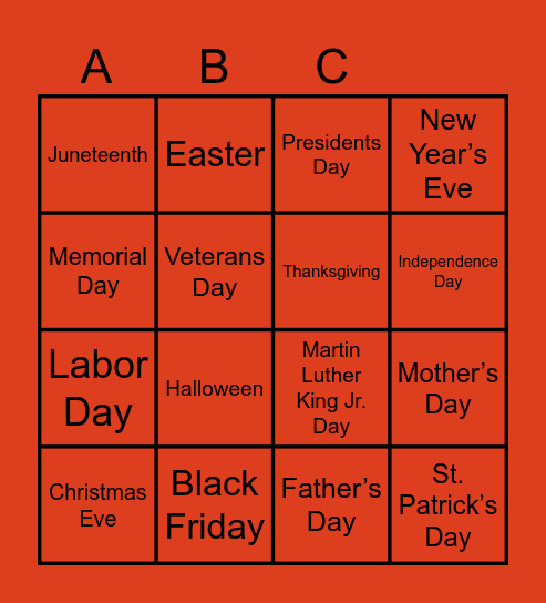 HOLIDAYS IN THE US Bingo Card