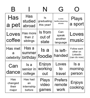 Get to know each other! Bingo Card