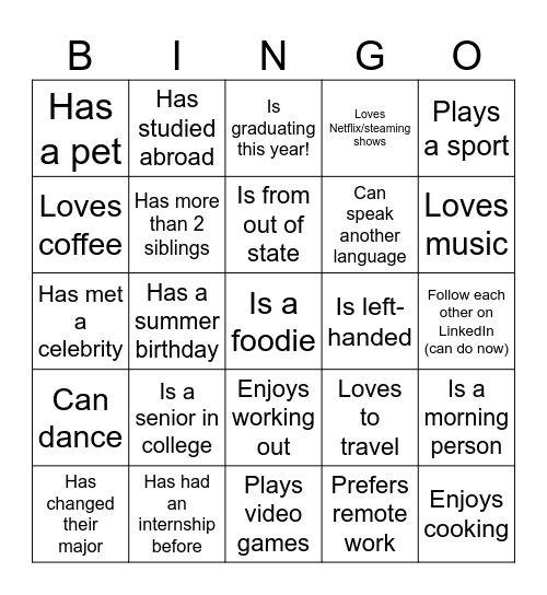 Get to know each other! Bingo Card