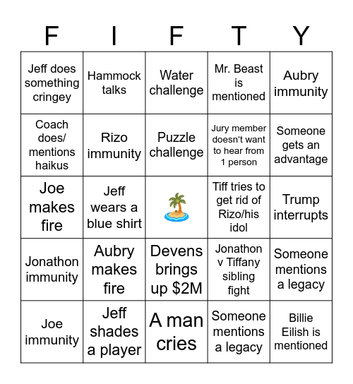 Survivor Finale Bingo Card