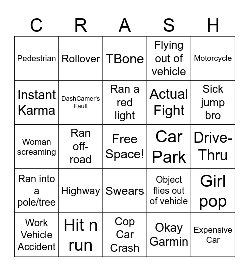 Car Crash Bingo Card
