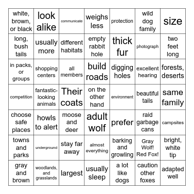 Gray Wolf! Red Fox! Bingo Card