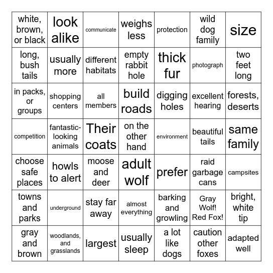 Gray Wolf! Red Fox! Bingo Card