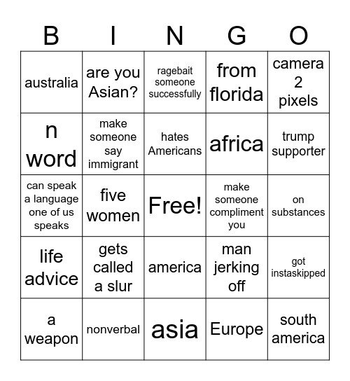 Omegle bingo Card